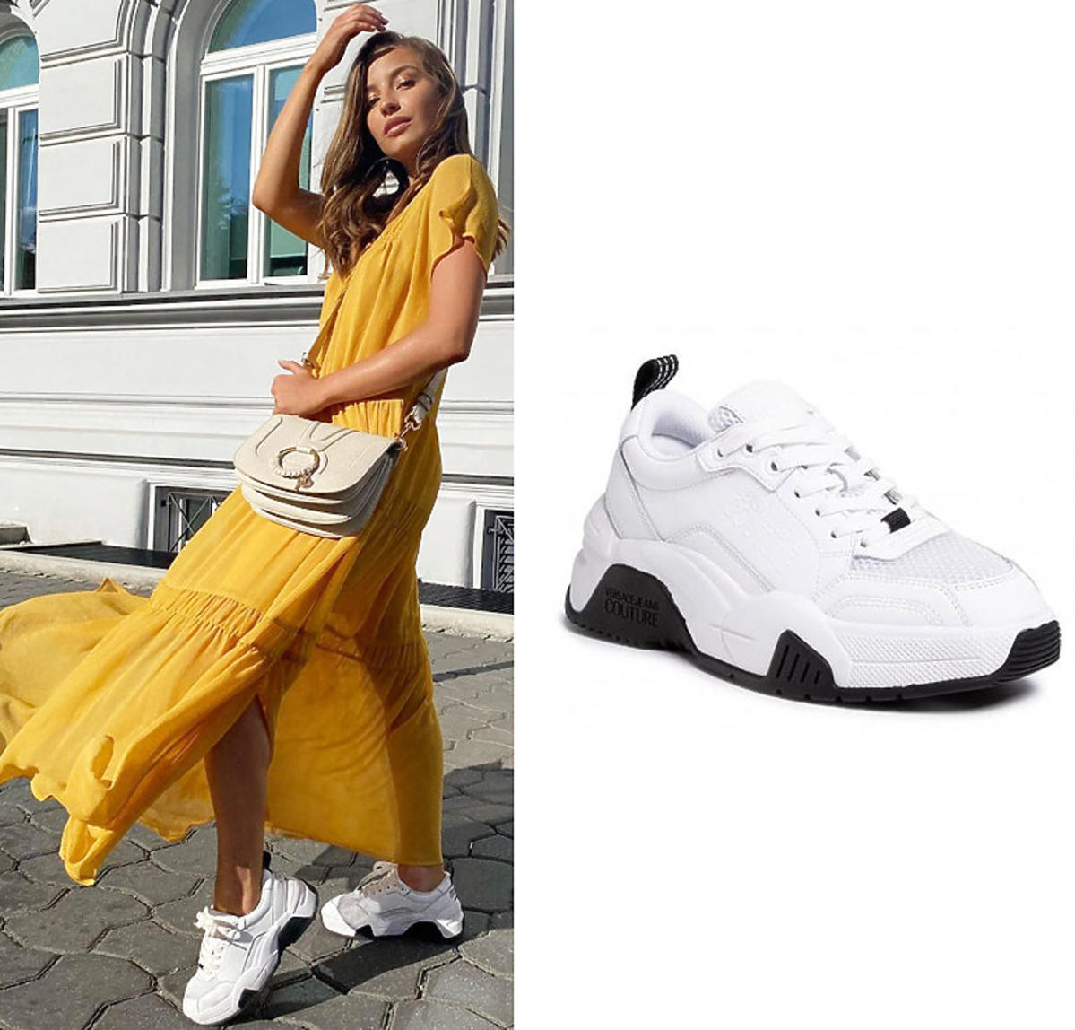 Julia Wieniawa w żółtej sukience maxi i białych sneakersach Versace