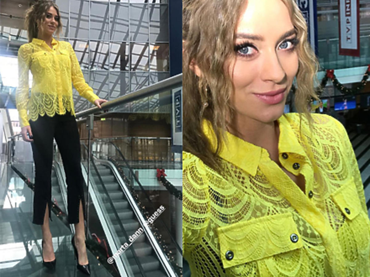 Marcelina Zawadzka w żółtej koronkowej bluzce