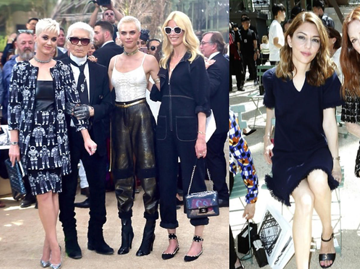 Katy Perry, Karl Lagerfeld, Cara Delevingne, Claudia Schiffer, Sofia Coppola i Julianne Moore na pokazie Chanel haute couture 17