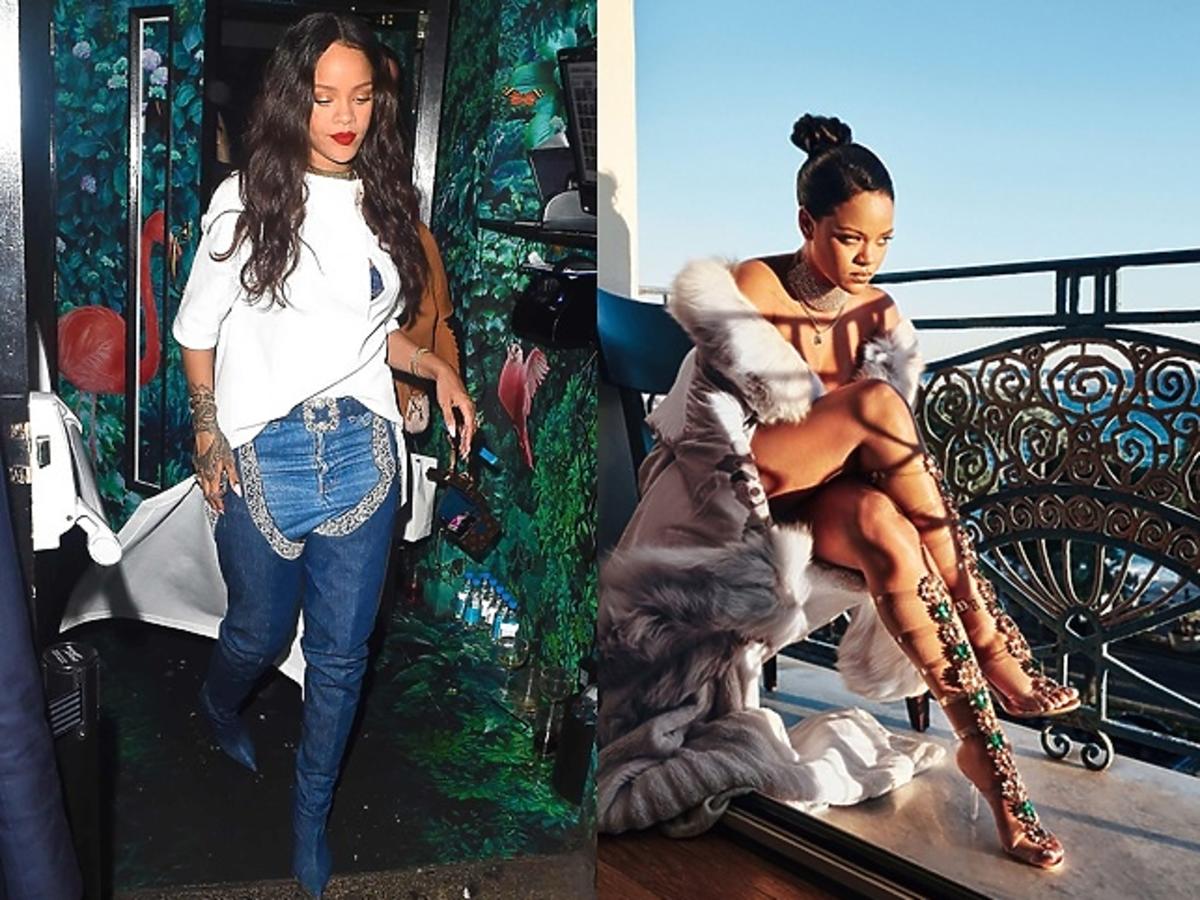 Rihanna w jeansowych kozakach 9 to 5 od Manolo Blahnika oraz Rihanna w sandałkach Poison Ivy od Manolo Blahnika